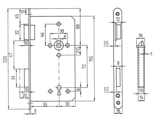 Technische Zeichnung eines Türschlosses mit Maßangaben