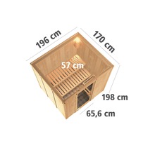 Plug & Play Sauna Karibu Maria inkl. 3,6 kW Bio Ofen u.ext.Steuerung ohne Dachkranz mit graphitfarbeneer Ganzglastüre