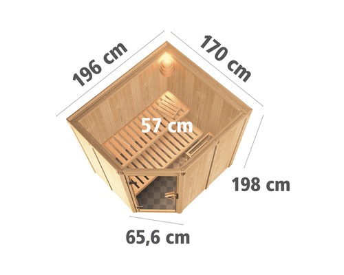 Innenansicht einer Holzsauna mit Abmessungen
