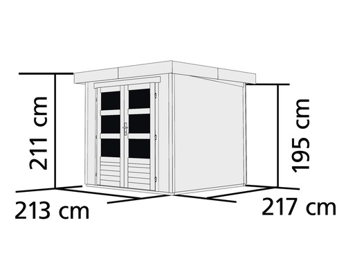 Illustration eines Gartenhauses mit den Maßen 211 x 213 x 195 x 217 Zentimeter.