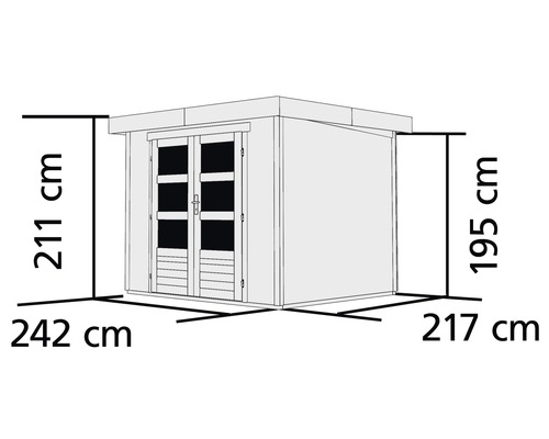 Abmessungen eines Gartenhauses: Höhe 211 cm, Breite 242 cm, Tiefe 217 cm, Seitenhöhe 195 cm