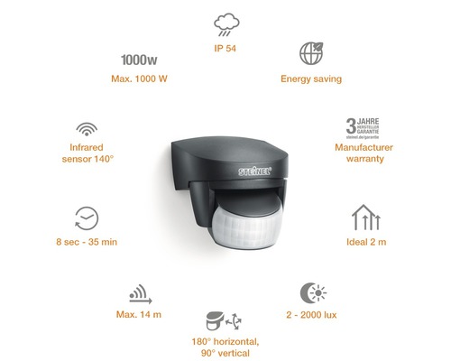 Steinel Bewegungsmelder mit Infrarotsensor, 140 Grad Erfassungswinkel, IP 54 Schutzart