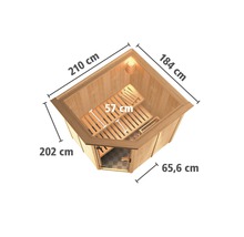 Plug & Play Sauna Karibu Achat VII inkl. 3,6 kW Ofen u.ext.Steuerung mit Dachkranz und Ganzglastüre aus Klarglas