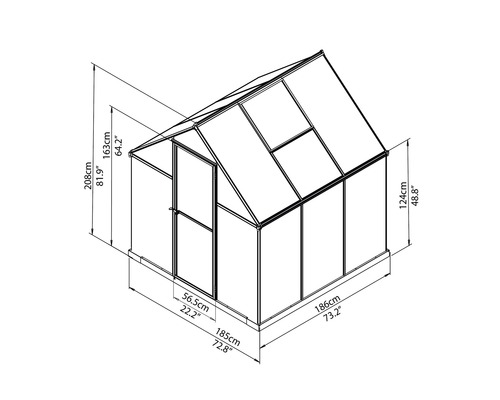 Zeichnung eines Gewächshauses mit Maßangaben