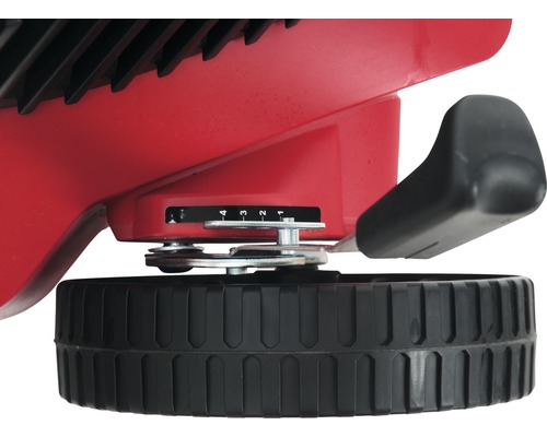 Detailansicht eines Düngerstreuers mit Dosierhebel und Einstellskala