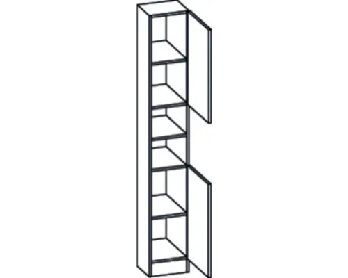 Schmaler Hochschrank mit mehreren Einlegeböden und zwei offenen Drehtüren.