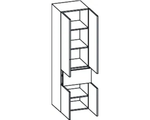 Küchenschrank mit mehreren Regalböden und offenen Türen