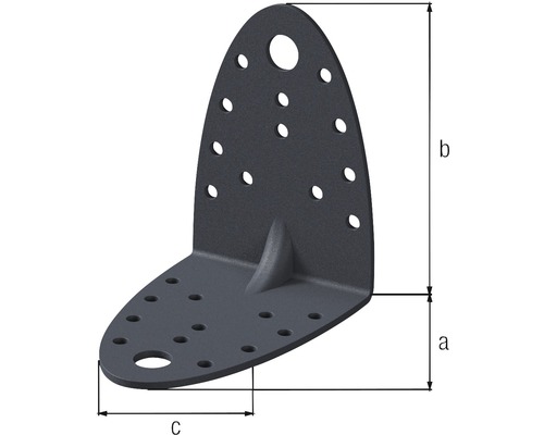 Winkelverbinder aus Metall mit Löchern zur Befestigung und Abmessungen a, b und c
