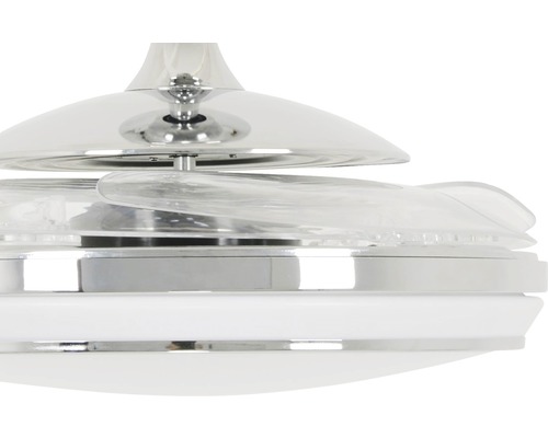 Detailansicht eines Deckenventilators mit transparenten Rotorblättern und weißem Gehäuse