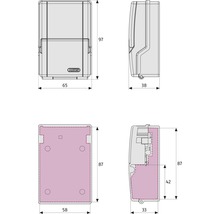 Technische Zeichnung einer Schlüsseltresor-Box mit den Maßen 97 x 65 x 38 Millimeter
