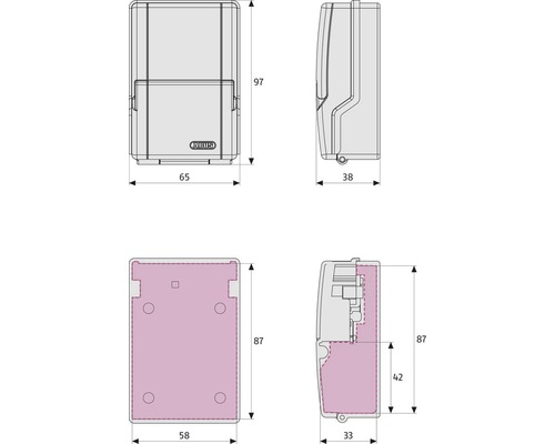 Technische Zeichnung einer Schlüsseltresor-Box mit den Maßen 97 x 65 x 38 Millimeter