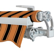 SOLUNA Gelenkarmmarkise Concept 3,5x2,5 Stoff Dessin 6363 Gestell Silber E6EV1 eloxiert Antrieb rechts inkl. Motor und Wandschalter