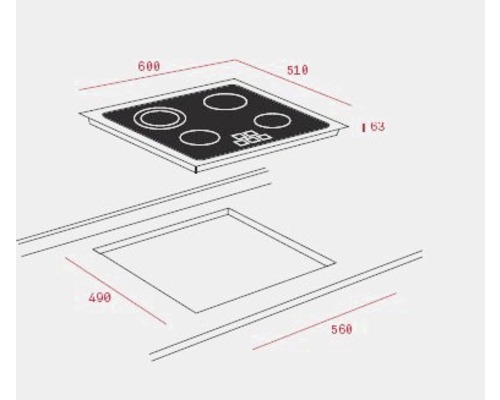 Maßzeichnung eines Kochfeldes mit vier Kochzonen und zugehörigen Einbaumaßen