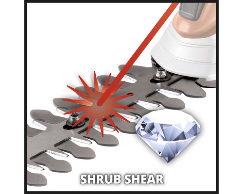 Strauchschere Detailaufnahme: Messer mit Laserschnitt und Diamantschliff