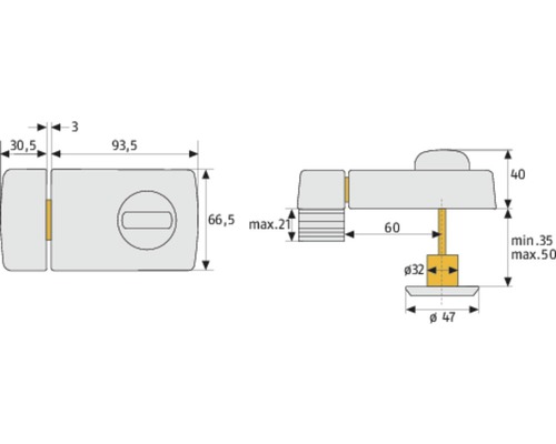 Technische Zeichnung eines Türriegels mit Maßen