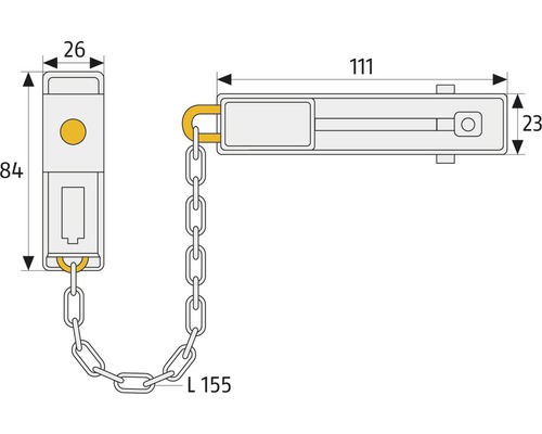 Türspion-Kette mit den Maßen 26 x 84 x 111 x 23 Millimeter und einer Kettenlänge von 155 Millimeter