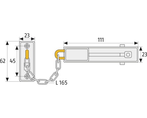 Technische Zeichnung einer Türsicherung mit Kette und Maßangaben