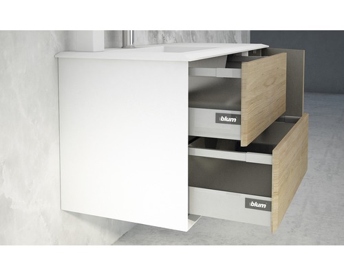 Waschtischunterschrank mit zwei offenen Schubladen und Blum Logo