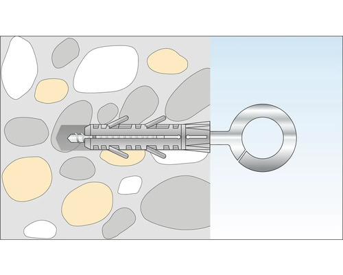 Illustration eines Schwerlastdübels mit Ringschraube in Steinmauer