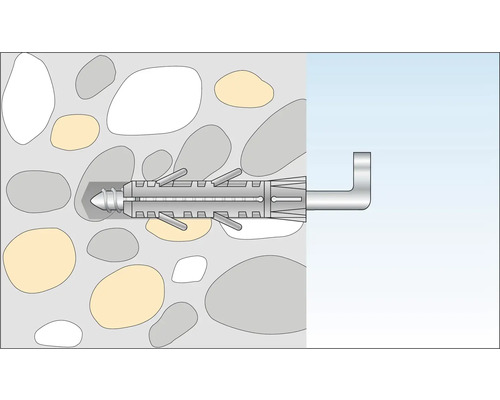 Illustration eines Dübels mit Winkelhaken in einer Wand