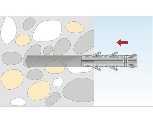 Illustration einer Dübelbefestigung in einer Steinwand mit einem roten Pfeil, der die Richtung angibt