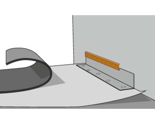 Detailansicht einer Dachrinne mit Befestigungselementen und Abdichtungsmaterial.