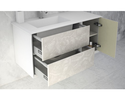 Waschtisch mit offenem Schubladensystem und Schrank