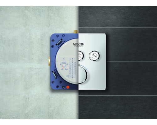 Grohe Armatur zur Temperaturregelung und Wassermengeneinstellung im Badezimmer.