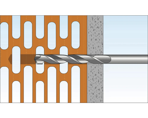 Illustration einer Bohrmaschine, die durch einen Ziegelstein in eine Betonwand bohrt.