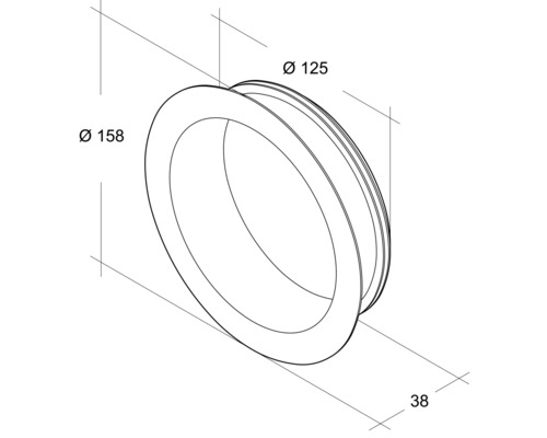 Technische Zeichnung eines Rings mit den Durchmessern 158 und 125 Millimeter sowie einer Breite von 38 Millimeter.