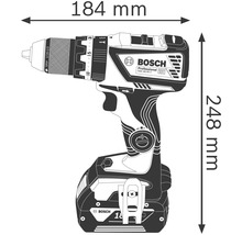 Abbildung eines Akkuschraubers mit den Maßen 184 mm und 248 mm