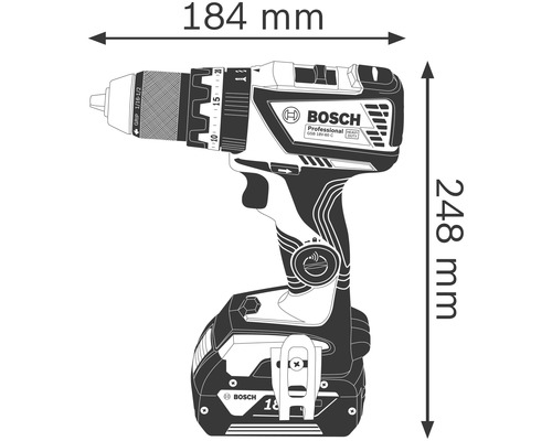 Abbildung eines Akkuschraubers mit den Maßen 184 mm und 248 mm
