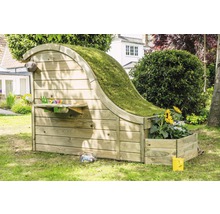Spielhaus aus Holz mit Gründach und Spielküche für den Garten