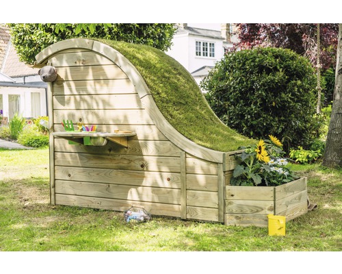 Spielhaus aus Holz mit Gründach und Spielküche für den Garten