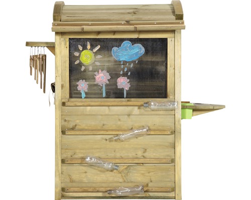 Spielküche aus Holz mit Tafel und Wasserspielanlage