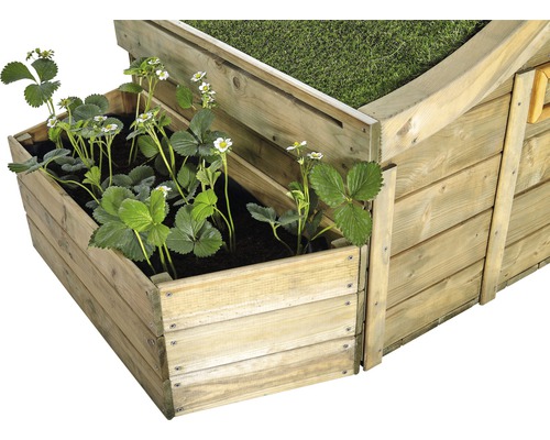 Hochbeet aus Holz mit Erdbeerpflanzen