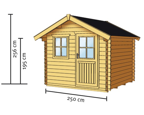 Abbildung eines Gartenhauses mit den Maßen 250 cm Breite, 195 cm Wandhöhe und 256 cm Gesamthöhe.
