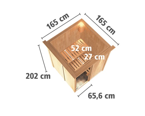 Abmessungen der Elementsauna mit einer Seitenlänge von 165 Zentimetern, einer Höhe von 202 Zentimetern und einer Türbreite von 65,6 Zentimetern.