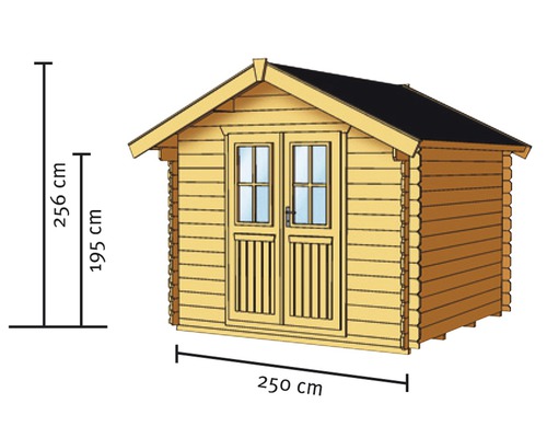 Illustration eines Gartenhauses mit Maßangaben: Höhe 256 Zentimeter, Seitenwandhöhe 195 Zentimeter, Breite 250 Zentimeter