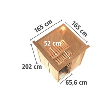Elementsauna Karibu Norina inkl. 9 kW Bio Ofen u.ext.Steuerung mit Dachkranz und Ganzglastüre aus Klarglas