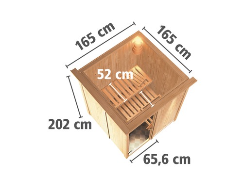 Ansicht von oben einer Sauna mit Abmessungen in Zentimetern