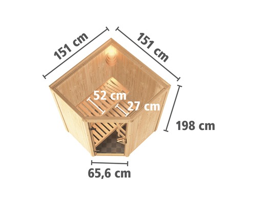 Draufsicht einer Ecksauna mit den Maßen 151 mal 151 mal 198 mal 65,6 Zentimeter