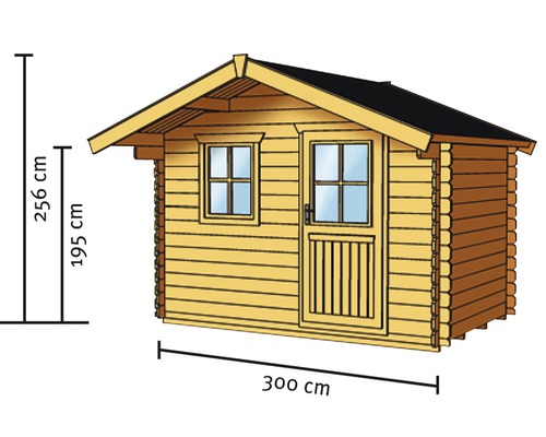 Illustration eines Holzgartenhauses mit den Maßen 300 cm Breite, 195 cm Seitenhöhe und 256 cm Gesamthöhe.