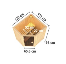 Elementsauna Karibu Maurin inkl. 9 kW Ofen u.integr.Steuerung ohne Dachkranz mit Ganzglastüre aus Klarglas
