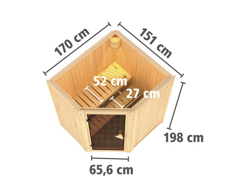 Innenansicht einer Ecksauna mit den Maßen 170 cm, 151 cm, 198 cm und 65,6 cm.