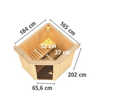 Elementsauna Karibu Maurin inkl. 9 kW Ofen u.ext.Steuerung mit Dachkranz und Ganzglastüre aus Klarglas