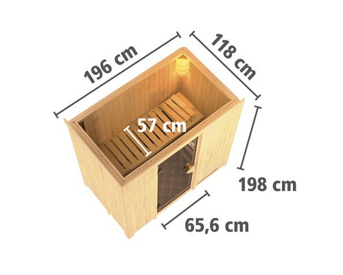 Sauna mit den Maßen 196 cm Länge, 118 cm Breite und 198 cm Höhe.