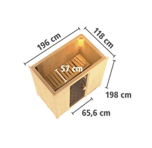 Elementsauna Karibu Mariado inkl. 9 kW Ofen u.ext.Steuerung ohne Dachkranz mit Ganzglastüre aus Klarglas