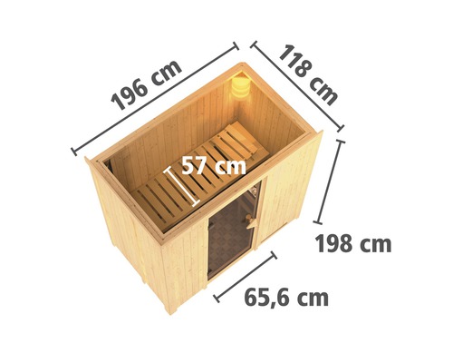 Elementsauna Karibu Mariado inkl. 9 kW Bio Ofen u.ext.Steuerung ohne Dachkranz mit Ganzglastüre aus Klarglas