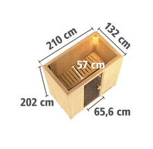 Elementsauna Karibu Mariado ohne Ofen mit Dachkranz und Ganzglastüre aus Klarglas